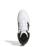 Championes de media caña Adidas Hoops 4.0 Mid, color blanco con detalles en negro, con las tres tiras características de la marca en los laterales.