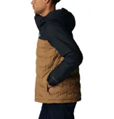 Campera Columbia Grand Trek II Down para hombre, con capucha y cierre frontal. Diseño color block en negro y marrón.