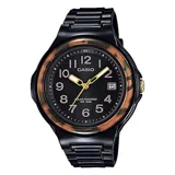 Reloj Casio LXS700H-1BVDF con caja y correa de resina negra, esfera negra con números arábigos y detalles en color cobre. Cuenta con movimiento solar, calendario y resistencia al agua de 100 metros.