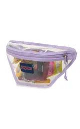 Riñonera transparente con ribetes negros y logo de JanSport en el frente. Tiene un compartimento principal con cierre y correa ajustable con hebilla.
