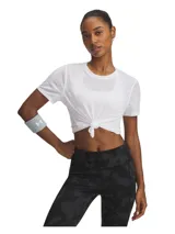 Short deportivo Under Armour Launch Jacquard para mujer, color blanco, con cintura elástica y logo de la marca en la pierna izquierda.