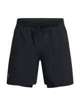Short de running Under Armour Launch 7 2N1, color azul con detalles en celeste.