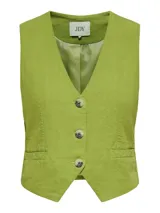 Chaleco sastrero verde lima de lino y viscosa con bolsillos laterales, cierre de botones al frente y calce estructurado.