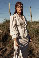 Camisa color beige con lazo ajustable en la cintura y mangas abuchonadas.