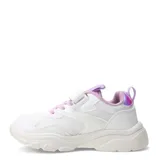 Zapatillas deportivas blancas con detalles en lila, ajuste con cordones elásticos y tira de velcro con un corazón.