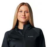 Campera polar Columbia Titanium para mujer, color negro, con cierre frontal completo, cuello alto, bolsillos laterales con cierre y orificios para pulgares en los puños.