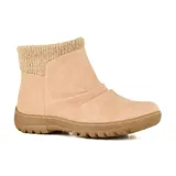 Bota corta color beige con caña de tejido de punto, cierre lateral y suela track.