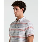 Camisa de manga corta con rayas horizontales en tonos blanco, rojo, azul y beige.