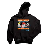 Canguro negro con capucha y cordones ajustables. Estampado frontal con los personajes de Animaniacs: Dot, Wakko y Yakko.