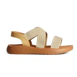 Sandalia casual con plataforma color dorado, con tiras elásticas cruzadas en el empeine y ajuste con hebilla en el tobillo.