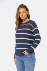 Buzo tejido fino a rayas multicolor confeccionado en algodón.