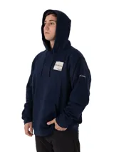 Buzo con capucha Columbia modelo Beaumount Hoodie, color azul marino, con bolsillo canguro frontal y etiqueta cuadrada con el logo de Columbia en el pecho.