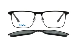 Anteojos INVU Clip-On 32505A, con armazón negro rectangular y lentes polarizadas.