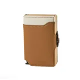 Billetera doble de cuero marrón con detalles en rosa. Cuenta con doble caja de aluminio con sistema de deslizamiento para tarjetas, clip para billetes y espacio adicional para documentos.