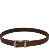 Cinturón reversible de cuero color marrón y tostado, con pespuntes a tono, siete agujeros, pasador metálico y hebilla rectangular color plata vieja libre de níquel y plomo.