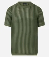 Remera verde militar de poliéster con cuello redondo y manga corta. Presenta un tejido de punto con textura de rayas contrastantes.