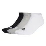 Pack de tres pares de medias Adidas tobilleras, una negra con rayas horizontales, una gris jaspeada y una blanca, con logo de Adidas en el empeine.