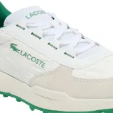 Championes Lacoste modelo L003 Elite Active Evo, color blanco con detalles en verde. Presentan el logo de la marca en el lateral y suela de goma con diseño texturizado.