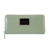 Monedero Terrano Quebec color verde agua, con cierre metálico y logo metálico en el frente.