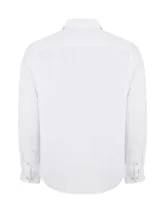 Camisa de manga larga blanca de lino orgánico con tejido melange, cuello clásico, cierre con botones y logo bordado al tono.