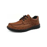 Zapato acordonado de cuero color marrón, con puntera redondeada y suela de goma negra.