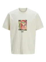 Camiseta color crema de manga corta y cuello redondo con estampado de una puerta de ladrillo con vegetación.