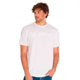 Remera gris jaspeado de manga corta con cuello redondo y logo de Caterpillar estampado en el pecho.