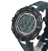 Reloj digital Mistral deportivo con correa de silicona azul y caja redonda negra con detalles en blanco.