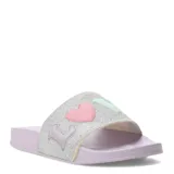 Sandalia plana color lila con glitter plateado en la tira superior y apliques de corazón y letras formando la palabra "love".