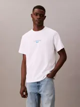 Remera blanca de algodón con logo "Calvin Klein Jeans" estampado en azul en el pecho.
