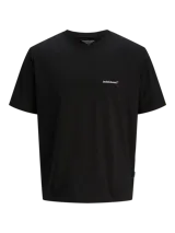Camiseta negra de manga corta y cuello redondo con estampado en la espalda con diseño abstracto en tonos blanco, rojo y amarillo.