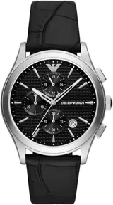 Reloj de acero negro con diseño elegante, esfera negra y cronógrafo.