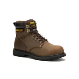 Bota de trabajo para hombre, de cuero marrón, con puntera de acero y suela antideslizante.