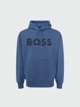 Canguro azul con capucha y cordones ajustables, con logo "BOSS" estampado en el pecho.