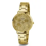 Reloj Guess dorado con correa de eslabones y esfera con patrón de peonías y brillos.