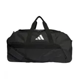 Bolso deportivo Adidas Tiro L Duffle, color negro con logo blanco, con doble asa de mano y correa ajustable para el hombro. Incluye compartimento principal con cierre, bolsillo lateral con cierre y bolsillo interior. Ideal para transportar ropa y calzado deportivo.