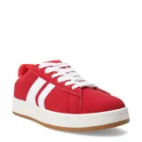 Championes rojos con detalles en blanco, suela blanca y base color caramelo.