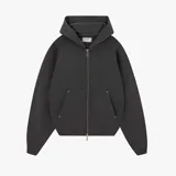 Campera con capucha color gris oscuro con logo "Nude Project" estampado en la espalda.