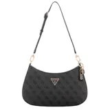 Cartera de hombro Guess modelo Noelle II Top Zip Shoulder Bag, color negro con patrón de logo 4G en relieve. Tiene forma curva, correa ajustable y removible, y herrajes dorados. Incluye un dije colgante con el logo de Guess.