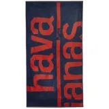 Toalla de playa rectangular azul marino con logo de Havaianas en rojo.