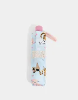 Paraguas corto con funda de tela, estampado con diseño de perros y otros animales en colores pastel.
