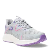 Championes grises con detalles en violeta y rosa, con suela blanca y violeta.