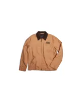 Campera color marrón claro con cuello de pana marrón oscuro, cierre frontal con cremallera, bolsillos laterales y logo bordado en el pecho.