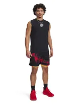 Short deportivo Under Armour con estampado abstracto en tonos naranja, amarillo y negro. Cintura elástica con logo Curry.