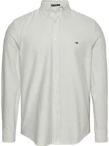 Camisa de hombre Tommy Jeans de corte slim fit, a rayas verticales grises y blancas. Tiene cuello abotonado, cierre con botones, puños con botones y logo de Tommy Jeans bordado en el pecho.
