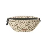 Riñonera reversible color beige con un lado liso y otro estampado, con compartimento principal y bolsillo lateral.
