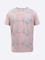 T-shirt de manga corta con cuello redondo, corte regular fit, en tono rosado con estampado floral en tonos azules y grises.