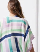 Kimono tejido con estampado de líneas en tonos pastel, mangas amplias estilo japonés y terminación con borlas.