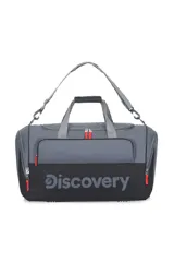 Bolso de viaje gris y negro con el logo de Discovery en el frente. Tiene doble asa de mano y correa de hombro ajustable.