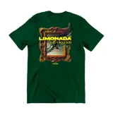 Remera verde con estampa en la espalda de un marco dorado con una imagen abstracta y el texto "LIMONADA de COLECCIÓN" en amarillo.
